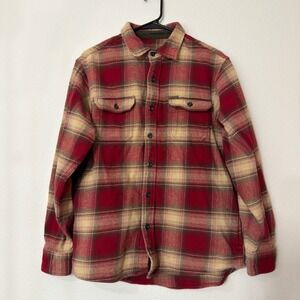 Orvis Flannel Shirt Mens Medium Red Tan Plaid Excellent Cotton Button Down